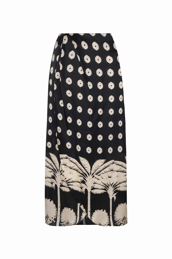Amaime Satin Silk Midi Skirt / Black Mini Palms Cream